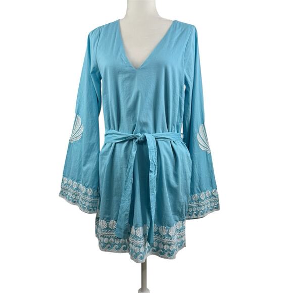 Show Me Your Mumu Malia Mini Dress Blue Capri Shells Small Embroidery Beach Boho - Picture 3 of 14